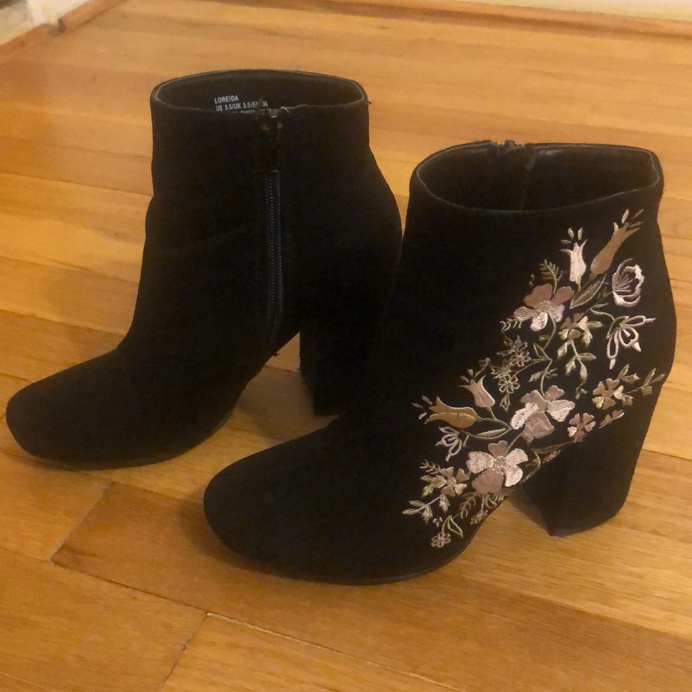 Size 5 1/2 black velvet and flower print booties